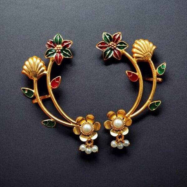 Gold Plated Meenakari Flower Earcuff | Handcrafted Beautiful Design Jewelry For Girls - "Red-Green"