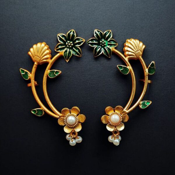 Gold Plated Meenakari Flower Earcuff | Handcrafted Beautiful Design Jewelry For Girls - "Green"