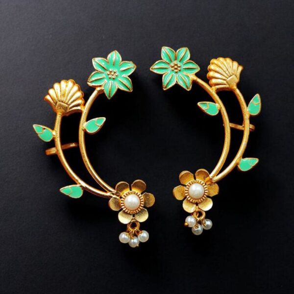 Gold Plated Meenakari Flower Earcuff | Handcrafted Beautiful Design Jewelry For Girls - "Mint"