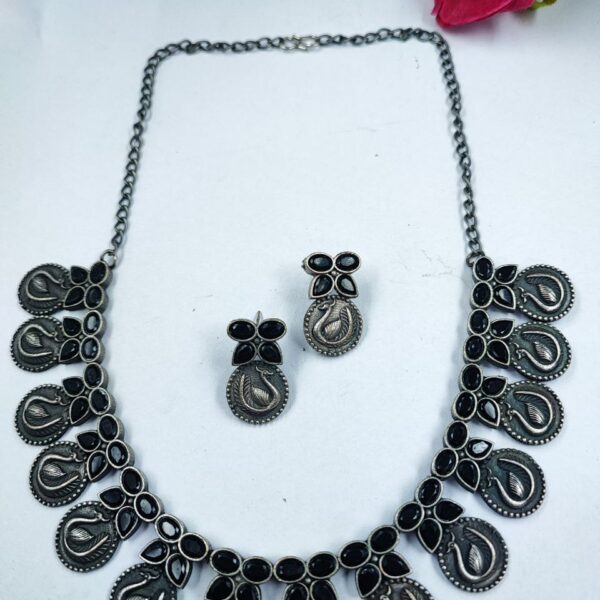 Beautiful Peacock Choker Necklace Set | Stone Work Silver Touch Ethnic Wear Jewelry - "Black"