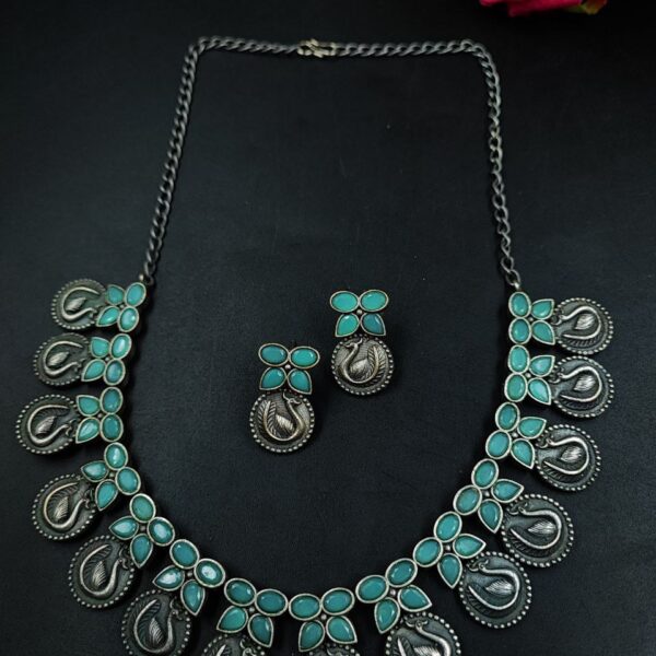 Beautiful Peacock Choker Necklace Set | Stone Work Silver Touch Ethnic Wear Jewelry - "Mint"