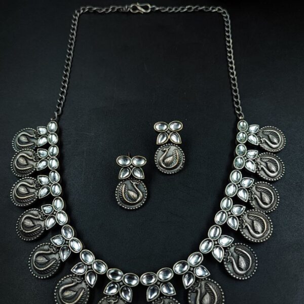 Beautiful Peacock Choker Necklace Set | Stone Work Silver Touch Ethnic Wear Jewelry - "White"