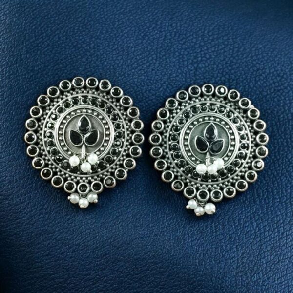 Daily Wear Oxidized Round Stud Earrings | Pearl & Stone Detailing Amazing Earring For Girls - "Black"