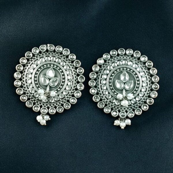 Daily Wear Oxidized Round Stud Earrings | Pearl & Stone Detailing Amazing Earring For Girls - "White"