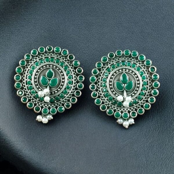 Daily Wear Oxidized Round Stud Earrings | Pearl & Stone Detailing Amazing Earring For Girls - "Green"