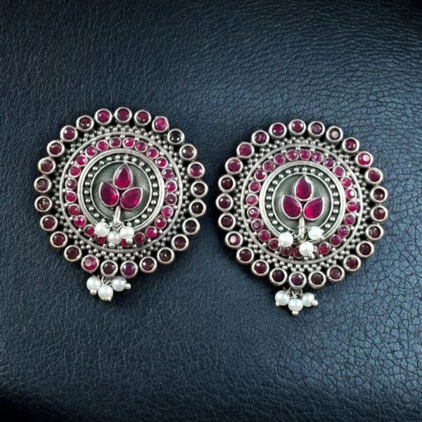 Daily Wear Oxidized Round Stud Earrings | Pearl & Stone Detailing Amazing Earring For Girls - "Red"