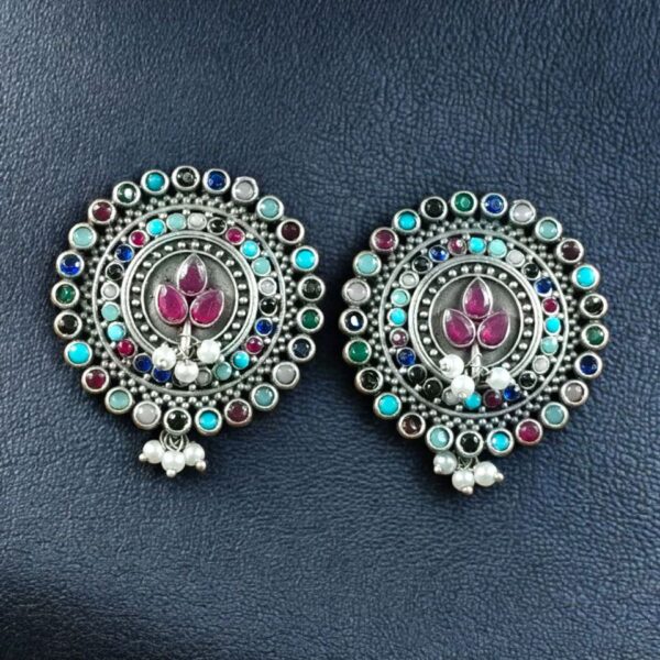 Daily Wear Oxidized Round Stud Earrings | Pearl & Stone Detailing Amazing Earring For Girls - "Multi"