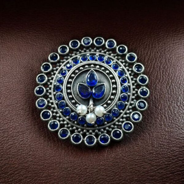 Traditional Pearl & Stone Work Oxidized Adjustable Ring | Vintage Look Ethnic Perfect Jewelry For Girls - "Blue"