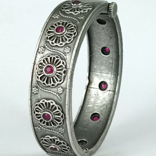 Stylish Traditional Flower Kada | Silver Plated Openable Ethnic Bangle - "Red"