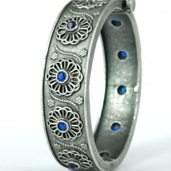 Stylish Traditional Flower Kada | Silver Plated Openable Ethnic Bangle - "Blue"