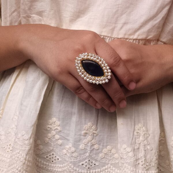 Beautiful Gold Plated Adjustable Ring | Monalisa Stone & Pearl Work Jewelry For Women - "Blue"