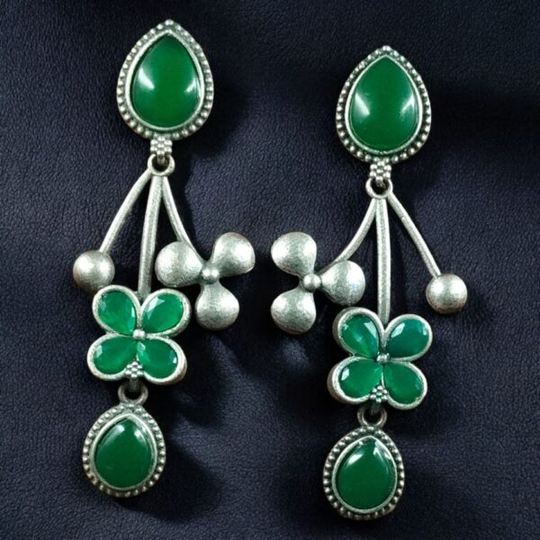 Beautiful Oxidized Flower Earring | Silver Replica Ethnic Stone Work Dangler Jewelry for Girls - "Green"