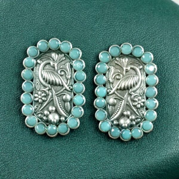 Beautiful Peacock Stud Earrings | Silver Replica Oxidized Stone Jewelry for Daily Wear - "Mint"