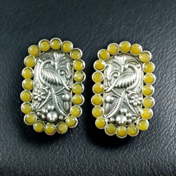 Beautiful Peacock Stud Earrings | Silver Replica Oxidized Stone Jewelry for Daily Wear - "Yellow"
