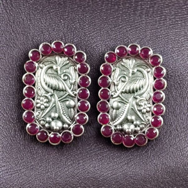 Beautiful Peacock Stud Earrings | Silver Replica Oxidized Stone Jewelry for Daily Wear - "Red"