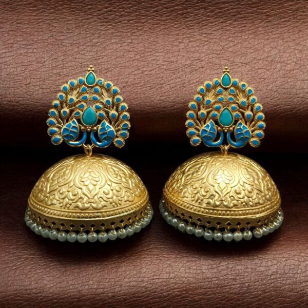 Elegant Meenakari Peacock Jhumka Earrings | Gold Plated Pearl Dangler Ethnic Perfect Jewelry For Girls - "Aqua"