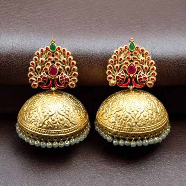 Elegant Meenakari Peacock Jhumka Earrings | Gold Plated Pearl Dangler Ethnic Perfect Jewelry For Girls - "Red-Green"