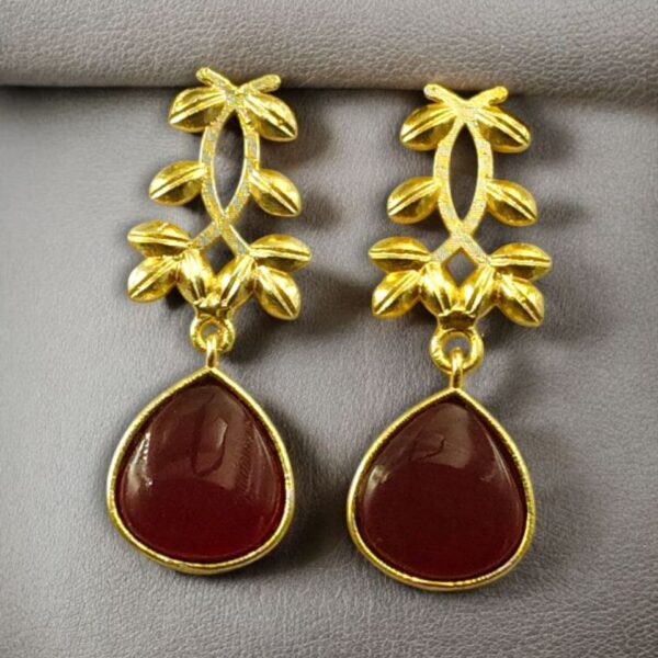 Trendy Gold Plated Earrings | Monalisa Stone Vintage Look Beautiful Dangler Jewelry - "Red"
