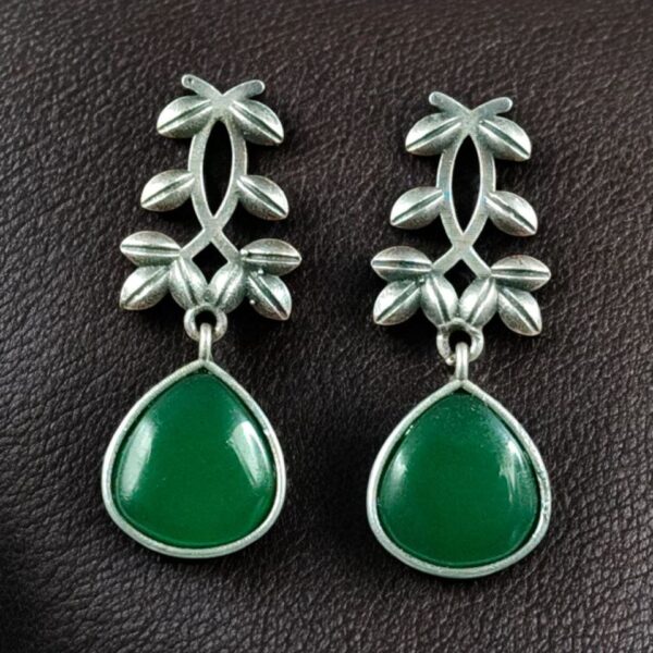 Vintage Look Silver Replica Earrings | Leaf Design Dangler Perfect Jewelry for Women - "Green"