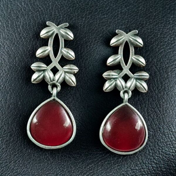 Vintage Look Silver Replica Earrings | Leaf Design Dangler Perfect Jewelry for Women - "Red"