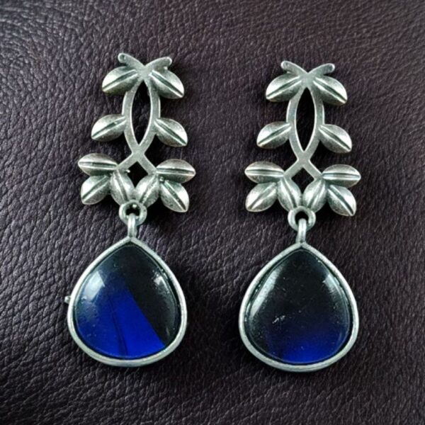 Vintage Look Silver Replica Earrings | Leaf Design Dangler Perfect Jewelry for Women - "Blue"