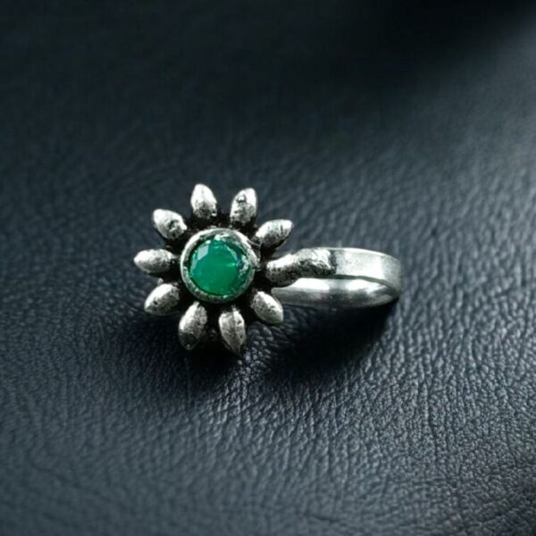 Unique Silver Plated Press Stone Nosepin | Oxidized Ethnic Style Jewelry - "Green"
