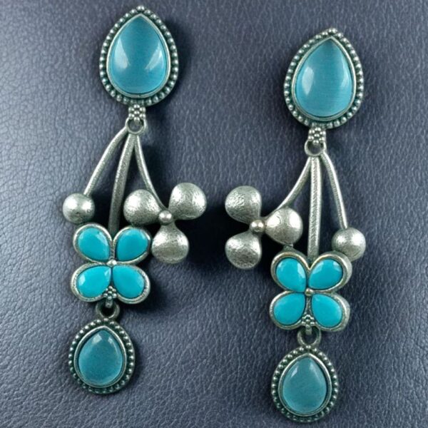 Beautiful Oxidized Flower Earring | Silver Replica Ethnic Stone Work Dangler Jewelry for Girls - "Aqua"