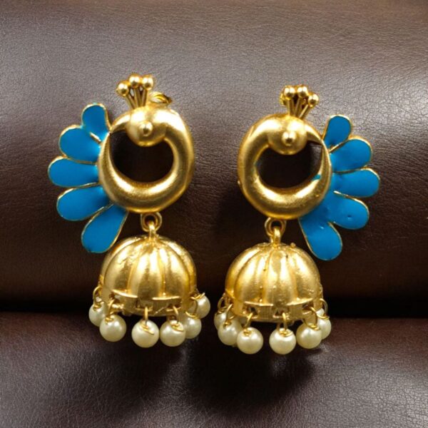 Beautiful Peacock Meenakari Earrings | Gold Plated Jhumki Pearl Ethnic Dangler Jewelry - "Aqua"