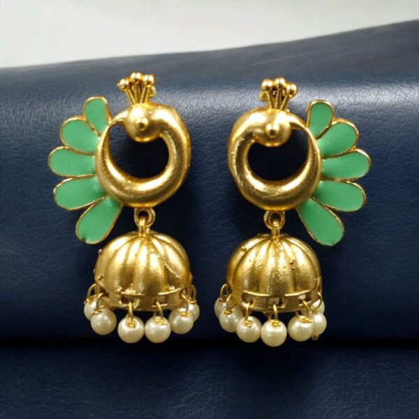 Beautiful Peacock Meenakari Earrings | Gold Plated Jhumki Pearl Ethnic Dangler Jewelry - "Mint"