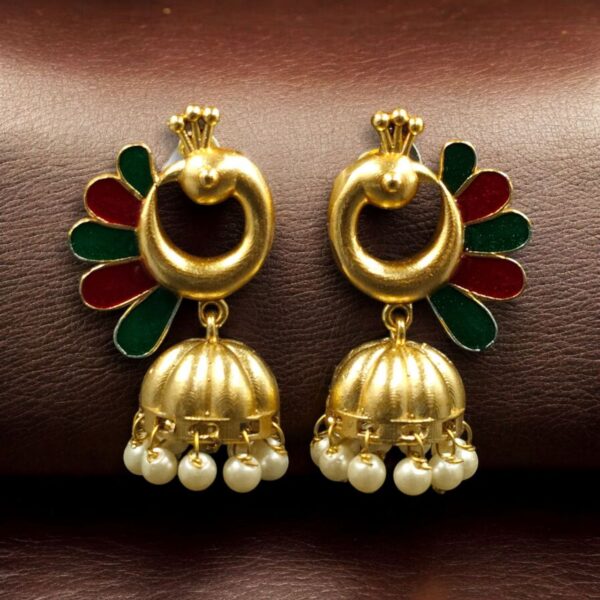 Beautiful Peacock Meenakari Earrings | Gold Plated Jhumki Pearl Ethnic Dangler Jewelry - "Red-Green"
