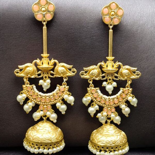 Luxury Kashmiri Jhumka Earrings | Gold Plated Stone & Pearl Work Dangler Traditional Jewelry - "Baby Pink"