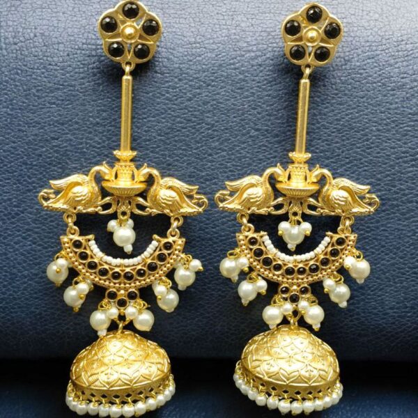 Luxury Kashmiri Jhumka Earrings | Gold Plated Stone & Pearl Work Dangler Traditional Jewelry - "Black"