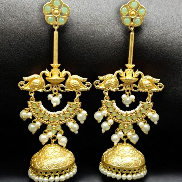 Luxury Kashmiri Jhumka Earrings | Gold Plated Stone & Pearl Work Dangler Traditional Jewelry - "Mint"