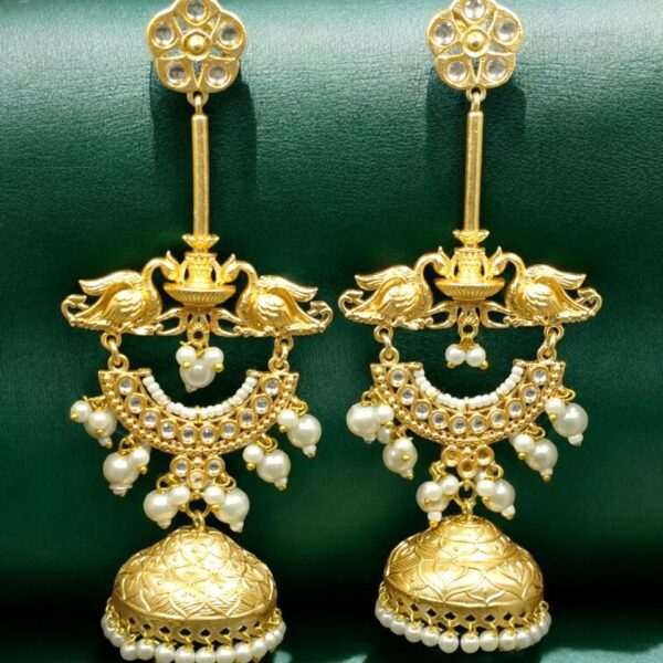 Luxury Kashmiri Jhumka Earrings | Gold Plated Stone & Pearl Work Dangler Traditional Jewelry - "White"