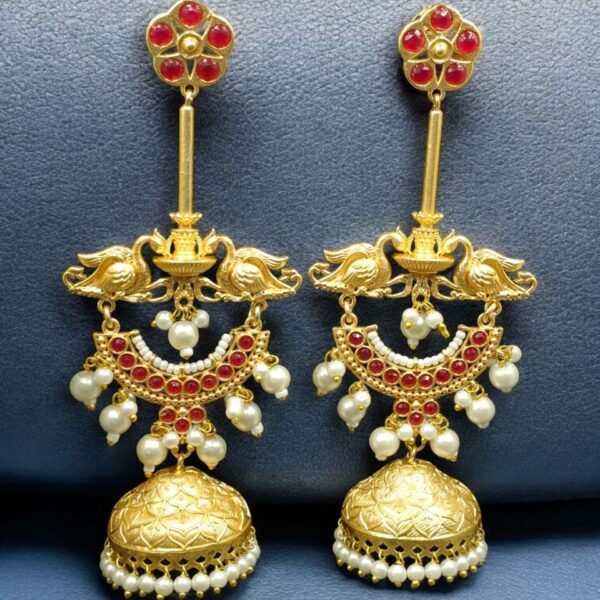 Luxury Kashmiri Jhumka Earrings | Gold Plated Stone & Pearl Work Dangler Traditional Jewelry - "Red"