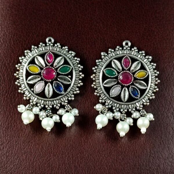 Premium Silver Plated Round Stud Earrings | Stone & Pearl Work Ethnic Best Designer Jewelry For Girls - "Multi"