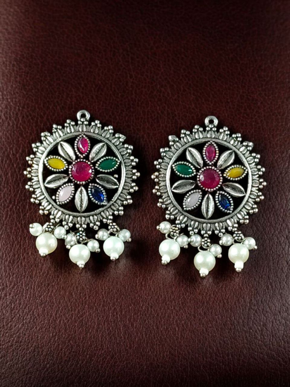 Premium Silver Plated Round Stud Earrings | Stone & Pearl Work Ethnic Best Designer Jewelry For Girls - Image 11