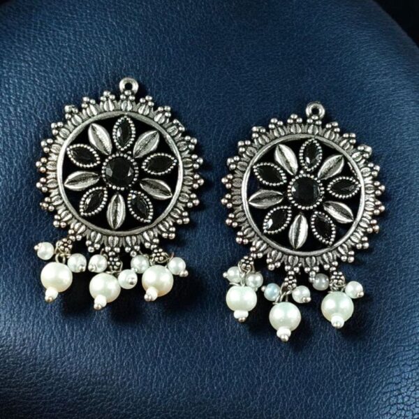 Premium Silver Plated Round Stud Earrings | Stone & Pearl Work Ethnic Best Designer Jewelry For Girls - "Black"