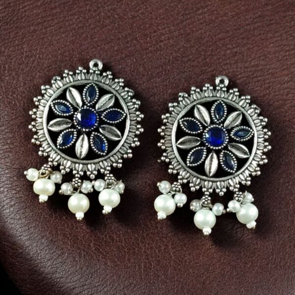 Premium Silver Plated Round Stud Earrings | Stone & Pearl Work Ethnic Best Designer Jewelry For Girls - "Blue"