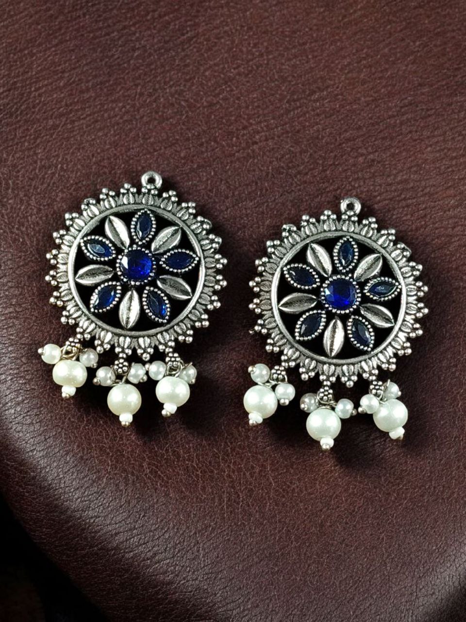 Premium Silver Plated Round Stud Earrings | Stone & Pearl Work Ethnic Best Designer Jewelry For Girls - Image 10