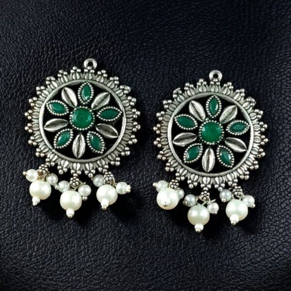 Premium Silver Plated Round Stud Earrings | Stone & Pearl Work Ethnic Best Designer Jewelry For Girls - "Green"