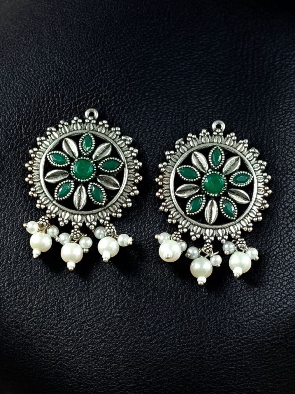 Premium Silver Plated Round Stud Earrings | Stone & Pearl Work Ethnic Best Designer Jewelry For Girls - Image 7