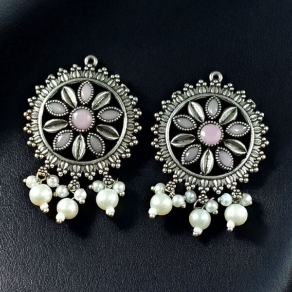 Premium Silver Plated Round Stud Earrings | Stone & Pearl Work Ethnic Best Designer Jewelry For Girls - "Baby Pink"