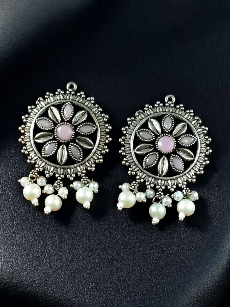 Premium Silver Plated Round Stud Earrings | Stone & Pearl Work Ethnic Best Designer Jewelry For Girls - Image 8