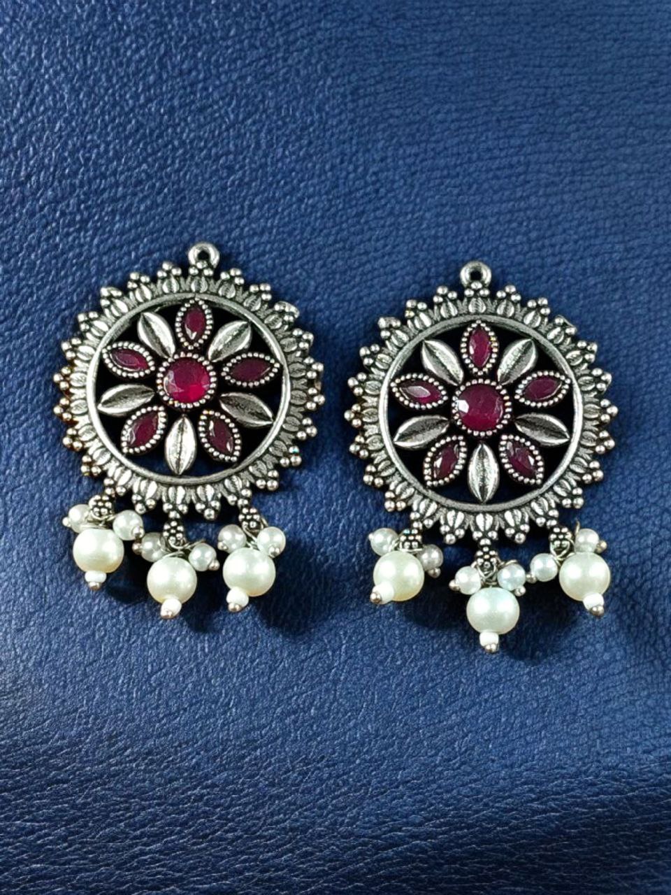 Premium Silver Plated Round Stud Earrings | Stone & Pearl Work Ethnic Best Designer Jewelry For Girls - Image 4