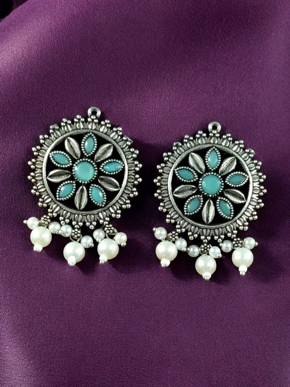 Premium Silver Plated Round Stud Earrings | Stone & Pearl Work Ethnic Best Designer Jewelry For Girls - Image 5