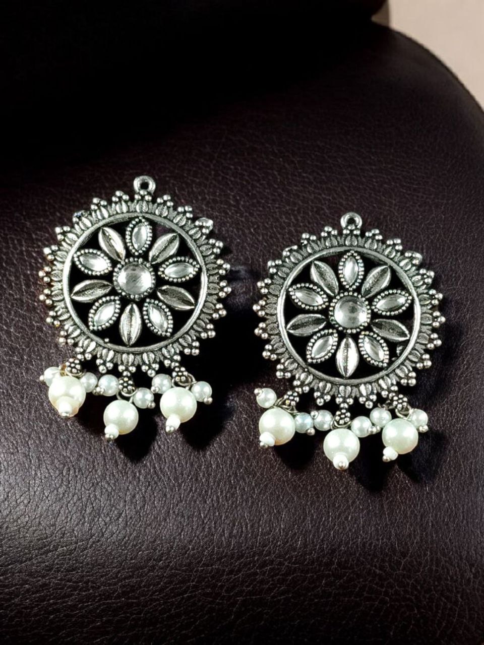 Premium Silver Plated Round Stud Earrings | Stone & Pearl Work Ethnic Best Designer Jewelry For Girls - Image 3