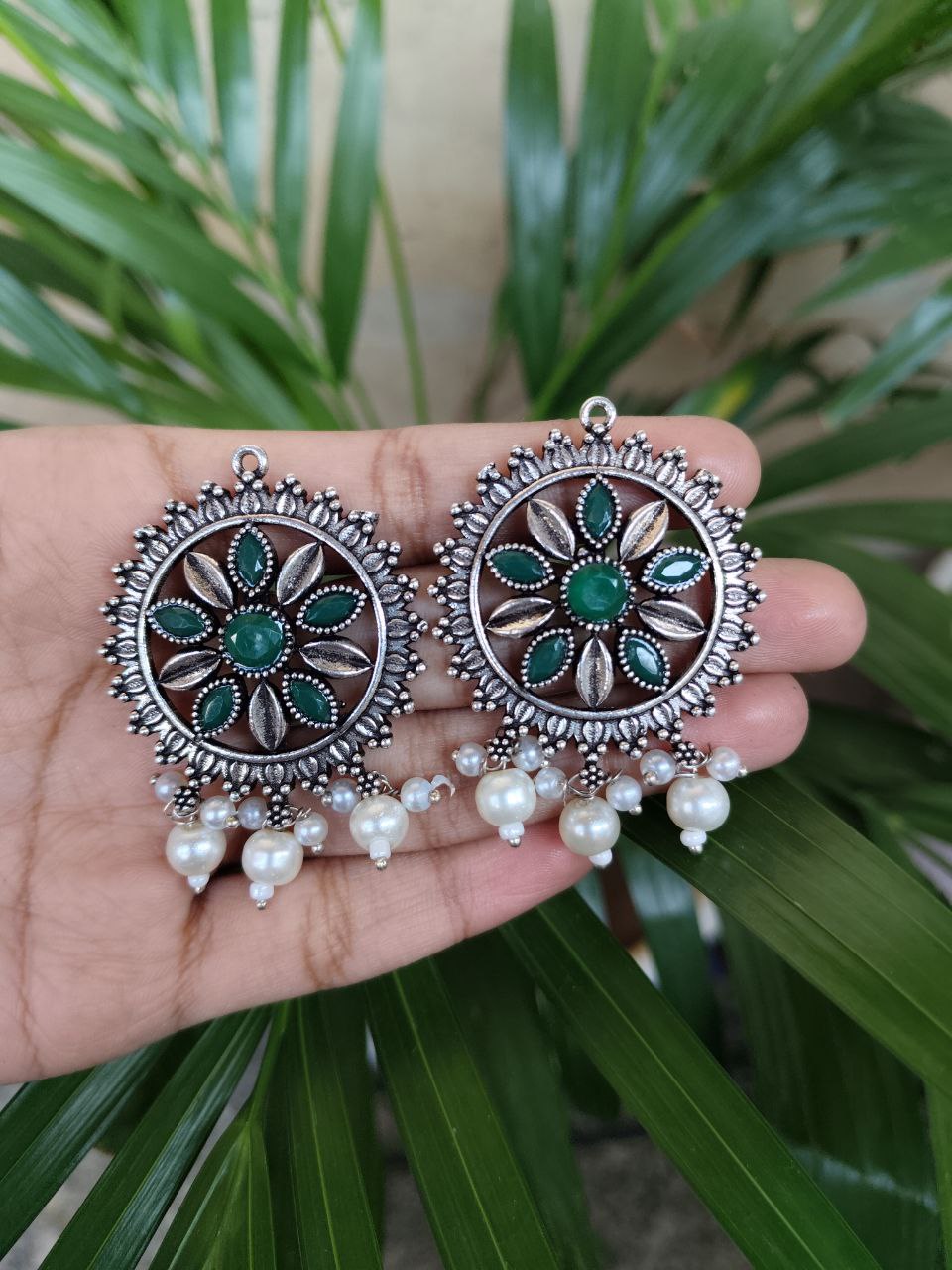 Premium Silver Plated Round Stud Earrings | Stone & Pearl Work Ethnic Best Designer Jewelry For Girls - Image 2