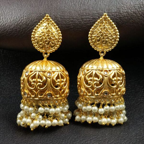 Trendy Floral Art Gold Plated Jhumka Earrings | Stone & Pearl Detailing Ethnic Dangler Amazing Jewelry - "White"