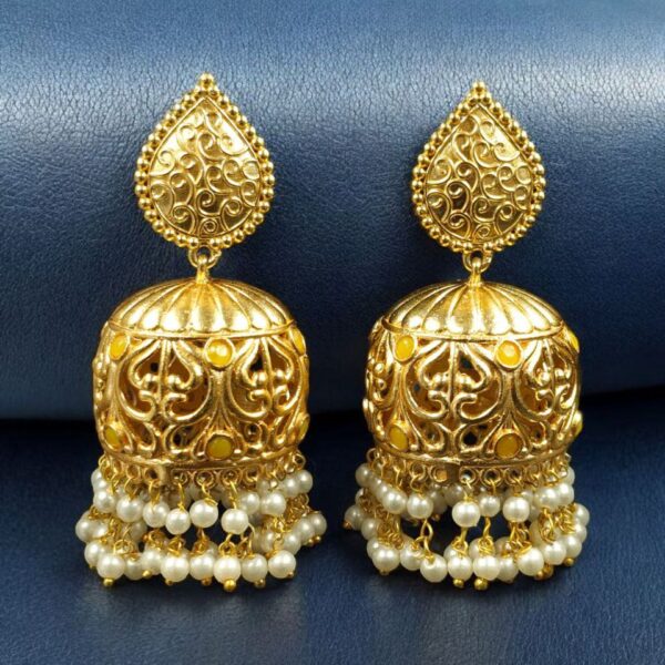 Trendy Floral Art Gold Plated Jhumka Earrings | Stone & Pearl Detailing Ethnic Dangler Amazing Jewelry - "Yellow"